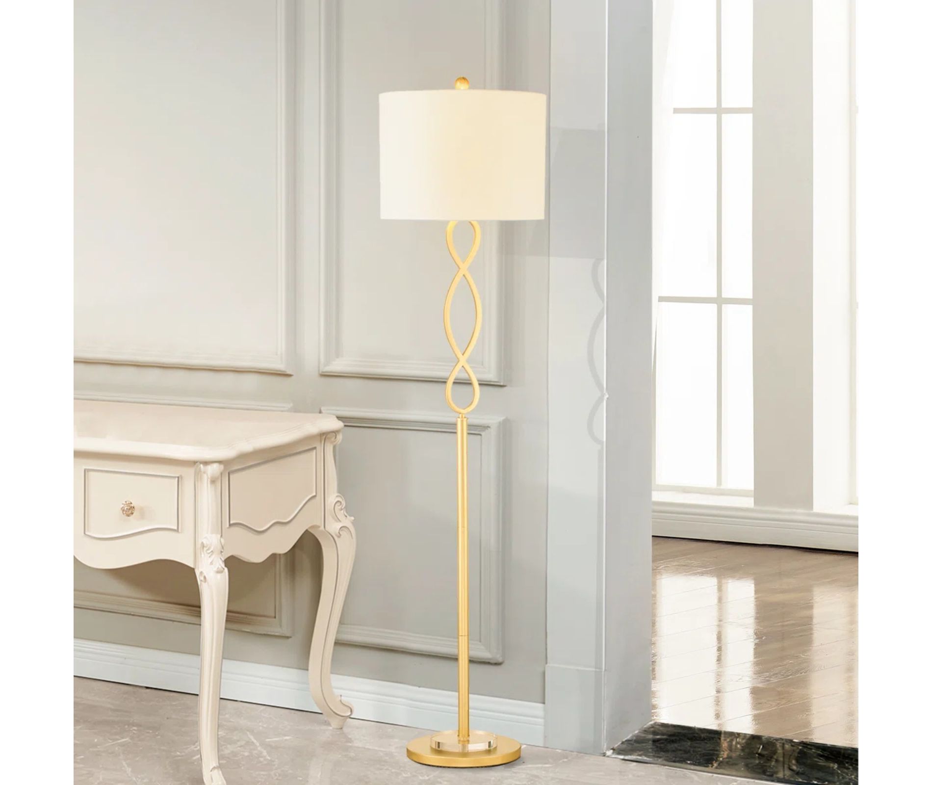 59" Modern Floor Lamp with 3-Way Dimmable Lighting, Drum Linen Shade, Wrought Iron Base, for Living Space, E26 Base, 150W