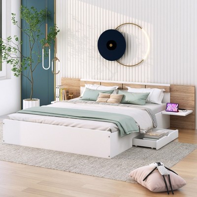 Queen Size Platform Bed with Headboard, Shelves, USB Ports and Sockets-ModernLuxe