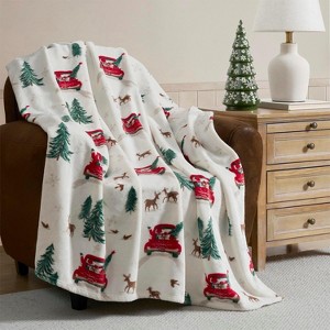 Lomsoe Christmas Santa Red Car & Pine Tree Print Flannel Blanket - All Seasons Soft and Warm Throw Blanket for Napping, Camping, Travel, Office - 1 of 3