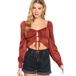 Slickblue Long Sleeve Woven Top for Women, Sweetheart Neck with Tie Detail, Casual to Dressy, Black/Pearl/Rust, S-L - 1 of 4