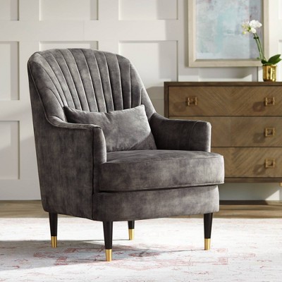 Charcoal Gray Velvet Handcrafted Accent Chair with Lumbar Pillow