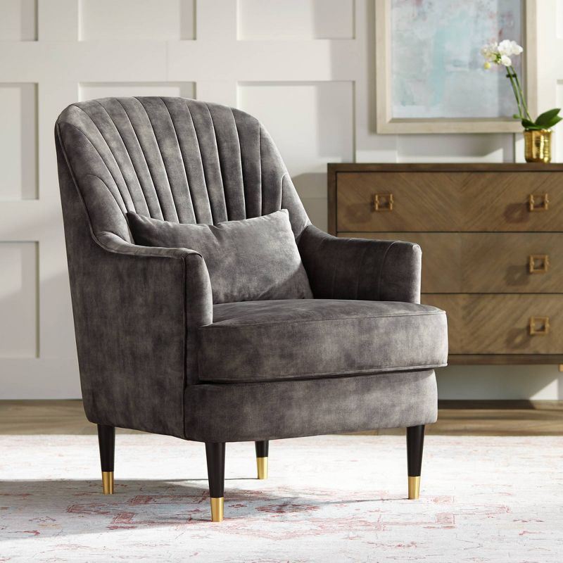 55 Downing Street Austen Charcoal Gray Velvet Tufted Armchair with Pillow, 2 of 10