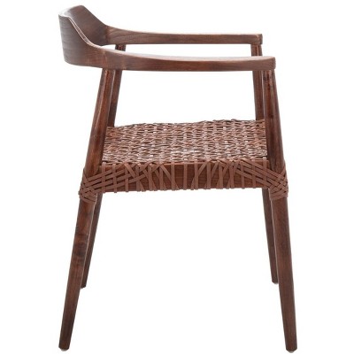 Walnut-Cognac Mid-Century Leather Woven Accent Chair