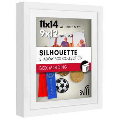 Americanflat 11x14 Shadow Box Frame with Shatter-Resistant Glass - 9x12 with Mat or 11x14 Without Mat - Silhouette - White with Soft Felt Back