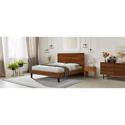 DOMETOUR Mid-Century Modern Solid Wood Bed Frame Queen Size Platform Bed with Six-Piece Headboard Design, No Box Spring Needed, Brown