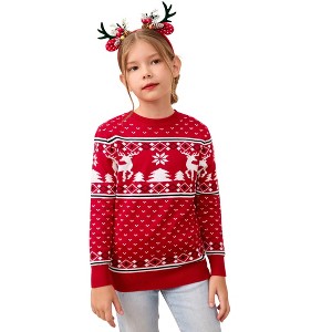 BLUEMING Festive Family Kids Reindeer Snowflake Knit Christmas Sweater Soft Crew Neck Long Sleeve Pullover Playful Holiday Top - 1 of 4