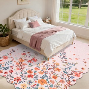 Coucheta Large Floral 9x12 Area Rugs for Living Room Bedroom, Soft Washable Scalloped Rugs with Non Slip Backing, Low Pile Stain Resistant Floral - 1 of 4