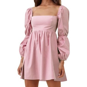 EXLURA Womens Square Neck Dress Long Puff Sleeve A-Line Casual Short Mini Dresses - 1 of 4