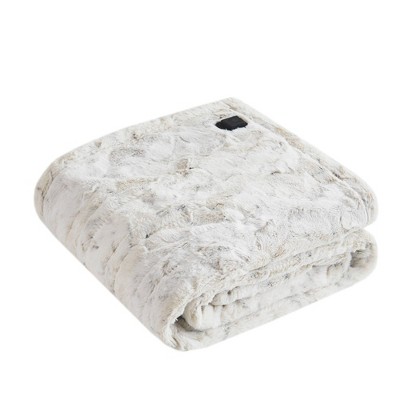 50"x64" Marselle Faux Fur Electric Wrap with Built In Controller Snow Leopard