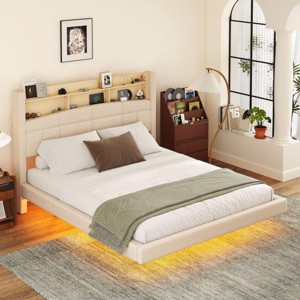 Streamdale Queen Size Upholstered Floating Bed with LED and Storage Headboard, Beige - 1 of 1