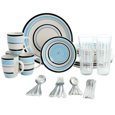 Gibson All U Need 32 Piece Ceramic Dinnerware Combo Set with Blue Stripes