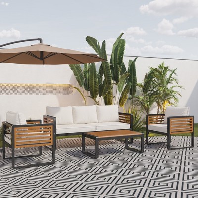 Whisen Outdoor Furniture sofa for 5 Person Conversation Set, Garden Sofa Set With Removable Cushion