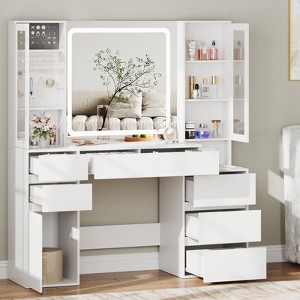 White Makeup Vanity Desk, Dressing Table with Mirror, Lights, and Charging Station - 1 of 4