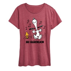 Women's - Peanuts - Snoopy and Woodstock Be Happy German Short Sleeve Graphic T-Shirt - 1 of 4