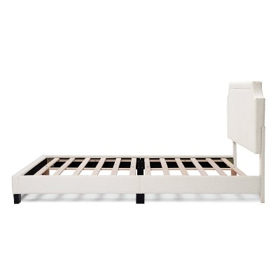 White Boucle Upholstered Queen Bed with Nailhead Trim and Wood Frame