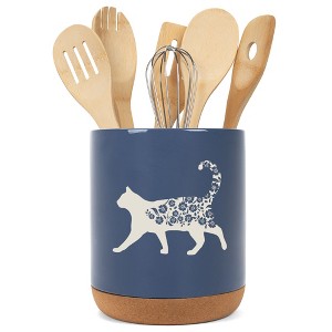 Elanze Designs Floral Cat Flowers Arrangement Kitten Ceramic Cork Bottom Navy Blue Large Capacity Utensil Holder Crock for Countertop Storage, Stylish - 1 of 4