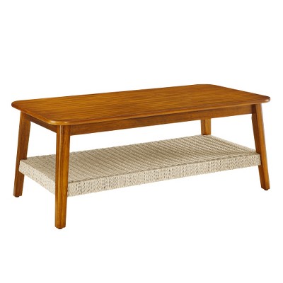 LIVAREEmlen Mid-Century Coffee Table with Woven Shelf,Farmhouse Wood Low Rectangle Tea Table for Living Room Couch Patio Home Office