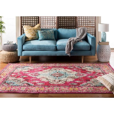 Pink and Multi Synthetic Boho Medallion Rectangle Rug