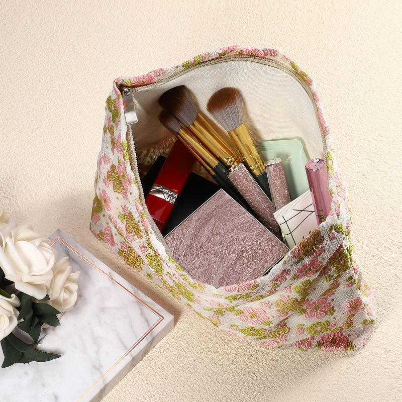 Unique Bargains Travel Zipper-Closure Floral Canvas Makeup Bag Pink Green 1 Pc, 3 of 8