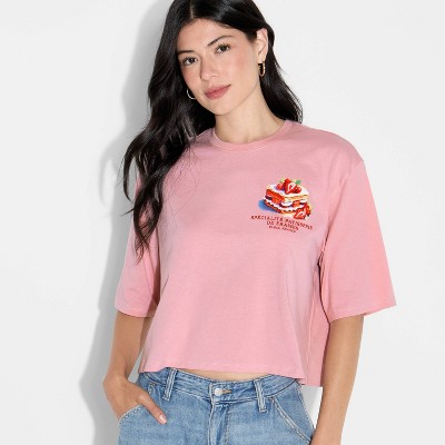 Women's Strawberry Dessert Boxy Cropped Short Sleeve Graphic T-Shirt - Rose Pink