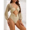 Elerevyo Women's Cut Out Ring Plunge Neck Shirred Long Sleeves Mesh Tummy Control Monokini Swimsuit 1 Pc - 2 of 4