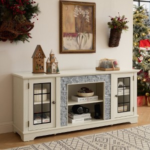Hrinhom 58.3"W Modern TV Stand with Storage Space, Faux Stone 2-Door Media Console Cabinet-White - 1 of 4