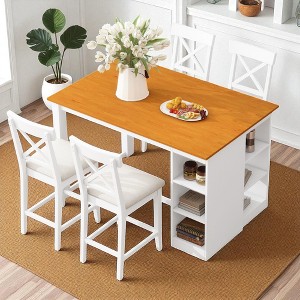 5-Piece Solid Wood Counter Height Dining Table Set with 3-Tier Storage Shelves and 4 Upholstered Cross-Back Chairs for Kitchen or Dining Room - 1 of 4