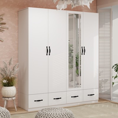 White Wood Armoire with Mirror, 4 Drawers, and Shelves