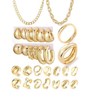 Gold Plated Jewelry Set for Women, 14K Layered Necklace Stackable Bracelets Rings & Earrings Gold Chunky - 1 of 4