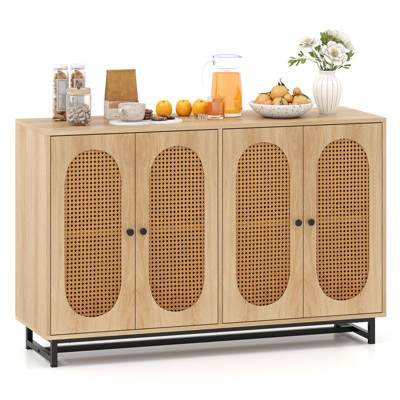 Tangkula Sideboard Buffet Cabinet 50" Rattan Coffee Bar Cabinet with 4 Doors and Adjustable Shelves