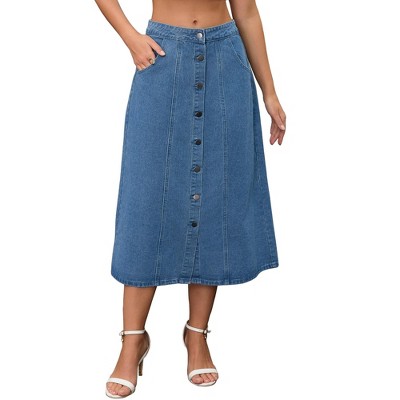 INSPIRE CHIC Women's Denim Button Down Front Slit High Waisted Pockets A Line Midi Skirts