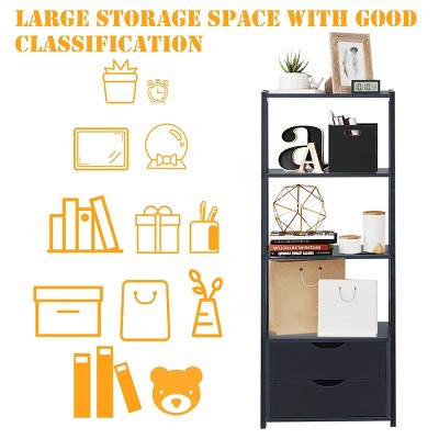 Black 4-Tier Ladder Bookshelf with 2 Drawers