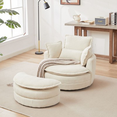 360° Swivel Chair Beige Corduroy Upholstered Accent Chair With Moon 