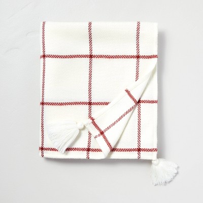 Grid Lines Tasseled Woven Throw Blanket Cream/Red - Hearth & Hand™ with Magnolia