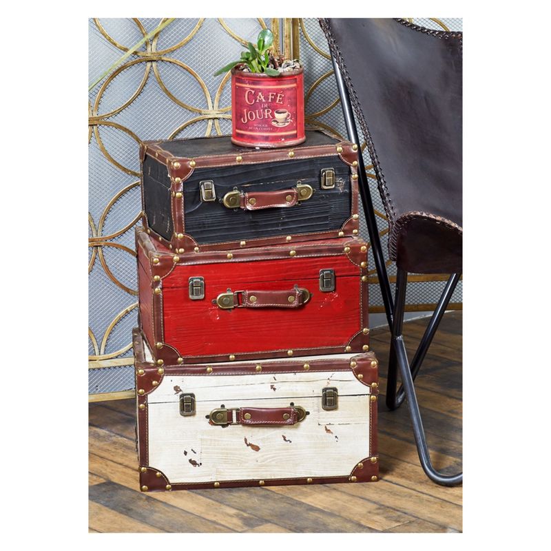Wood and Leather (Set of 3) Trunks Red - Olivia & May, 5 of 6