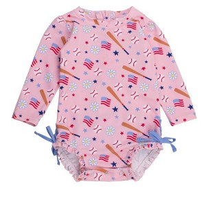 RuffleButts Baby Girls UPF50+ Sun Protected Americana Long Sleeve One Piece Rash Guard - 1 of 4