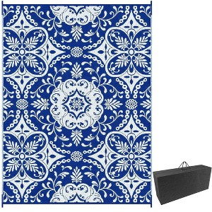 Resenkos Floor Mat Carpet,Indoor Door Mat,Reversible Outdoor Rug, 9'x 12' Waterproof Straw Floor Mat, Portable RV Camping Carpet, Blue & White Floral - 1 of 4