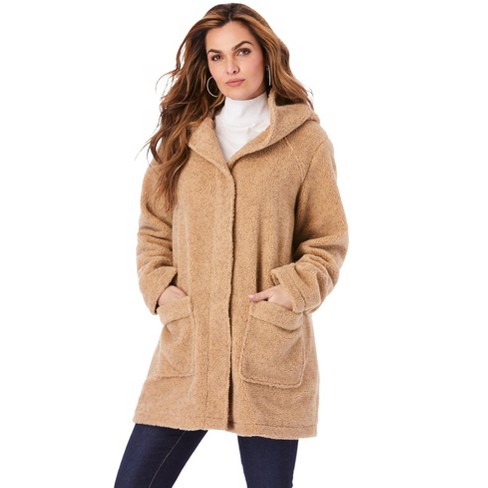 Roaman's Women's Plus Size Hooded Textured Fleece Coat - 1X, Beige