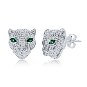 Bella Silver Sterling Silver, 15mm CZ Panther Studs, w/Emerald CZ Eyes, - Green - 1 of 2