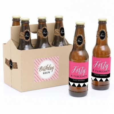 Big Dot of Happiness Chic 40th Birthday - Pink, Black and Gold - Birthday Party Decorations for Women - 6 Beer Bottle Label Stickers and 1 Carrier