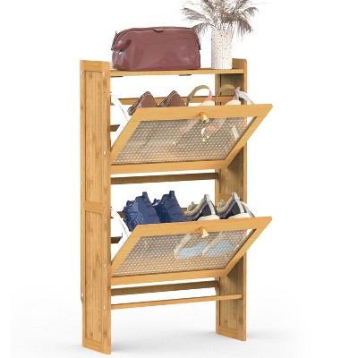 NewHome"2-Tier Slim Bamboo Shoe Cabinet with 2 Flip Drawers, Freestanding Shoe Rack for Entryway"brown Size S