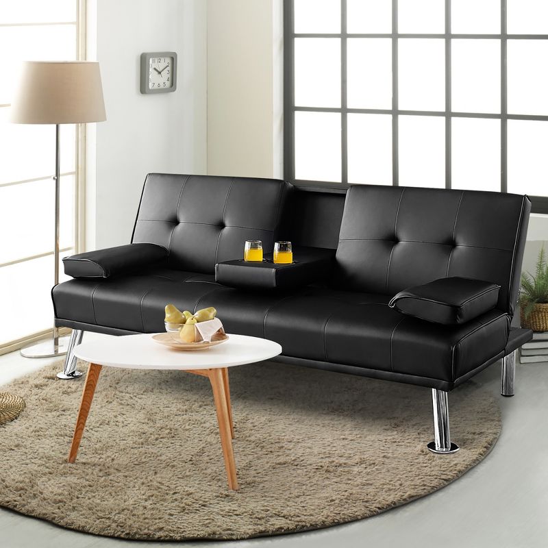 Costway Convertible Folding Futon Sofa Bed Leather w/Cup Holders&Armrests White\Black\Brown, 2 of 11