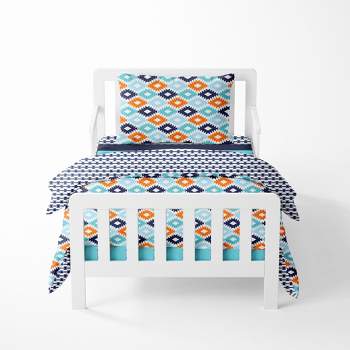 Bacati - Aztec Print Liam Aqua Orange Navy 4 pc Toddler Bedding Set