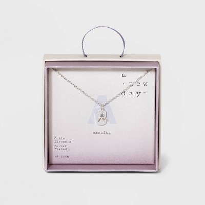 Crystal Sterling Plated Initial Tag Cut Out Pendant Necklace - A New Day™ Metallic Silver