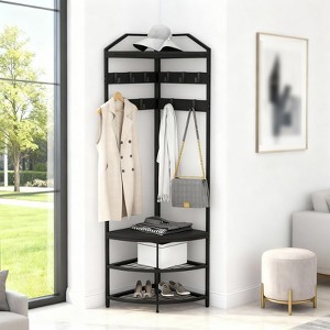Corner Hall Tree with Shoe Rack, Entryway Coat Rack with Hooks, Freestanding Metal Clothes Rack with Storage Shelf for Home Bedroom Living Room - 1 of 4