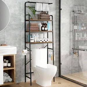 Over - Toilet Storage Rack 3 - Tier Bathroom Organizer Shelf with Hanging Bar Industrial Metal Frame Rustic Wood Shelves Space - 1 of 4