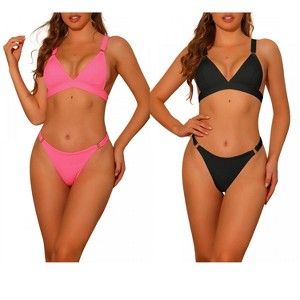 Elerevyo Women's Adjustable Wide Straps Back Clasp Ribbed Basic Beach Ring Triangle Swimwear Bathing Suits 2 Sets - 1 of 4