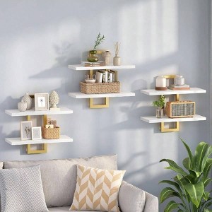 Floating Shelves 15 Inch Wall Shelf Set of 3 White and Gold 2 - Tier Hanging Storage for Bathroom Living Room Bedroom Kitchen - 1 of 4