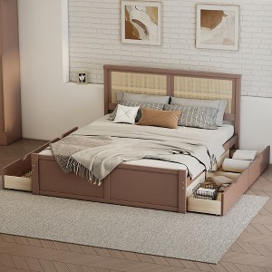 GDFStudio Troy Full Size Wood Storage Platform Bed with 4 Drawers and Rattan Headboard - 1 of 4