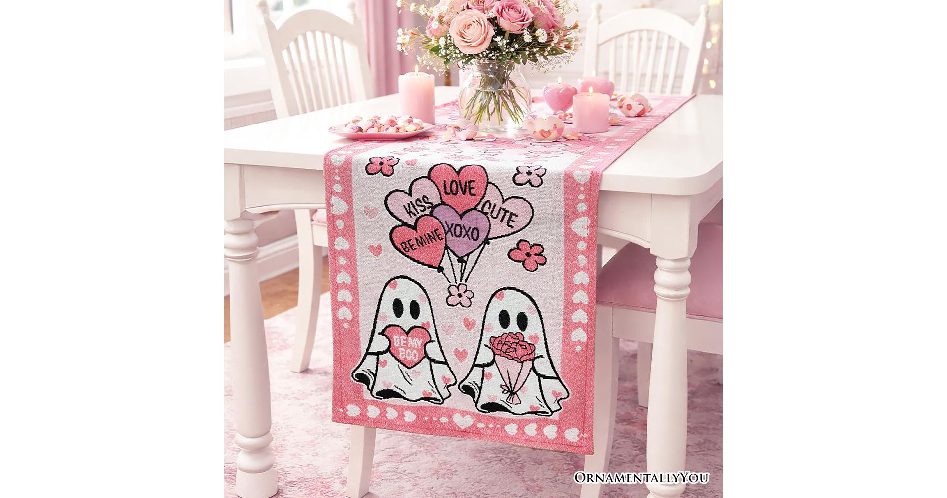 Valentine Ghost 72" Jacquard Table Runner, High Quality Holiday Rectangle Tablecloth with Cute Lovers| OrnamentallyYou